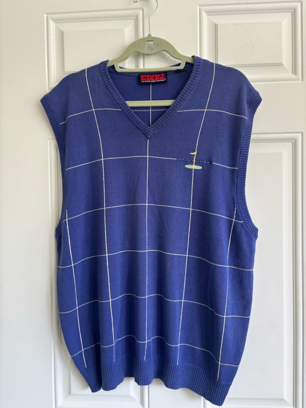 Vintage Pivot Rules Blue Windowpane V-Neck Sweater Vest with Golf Motif, Size XL